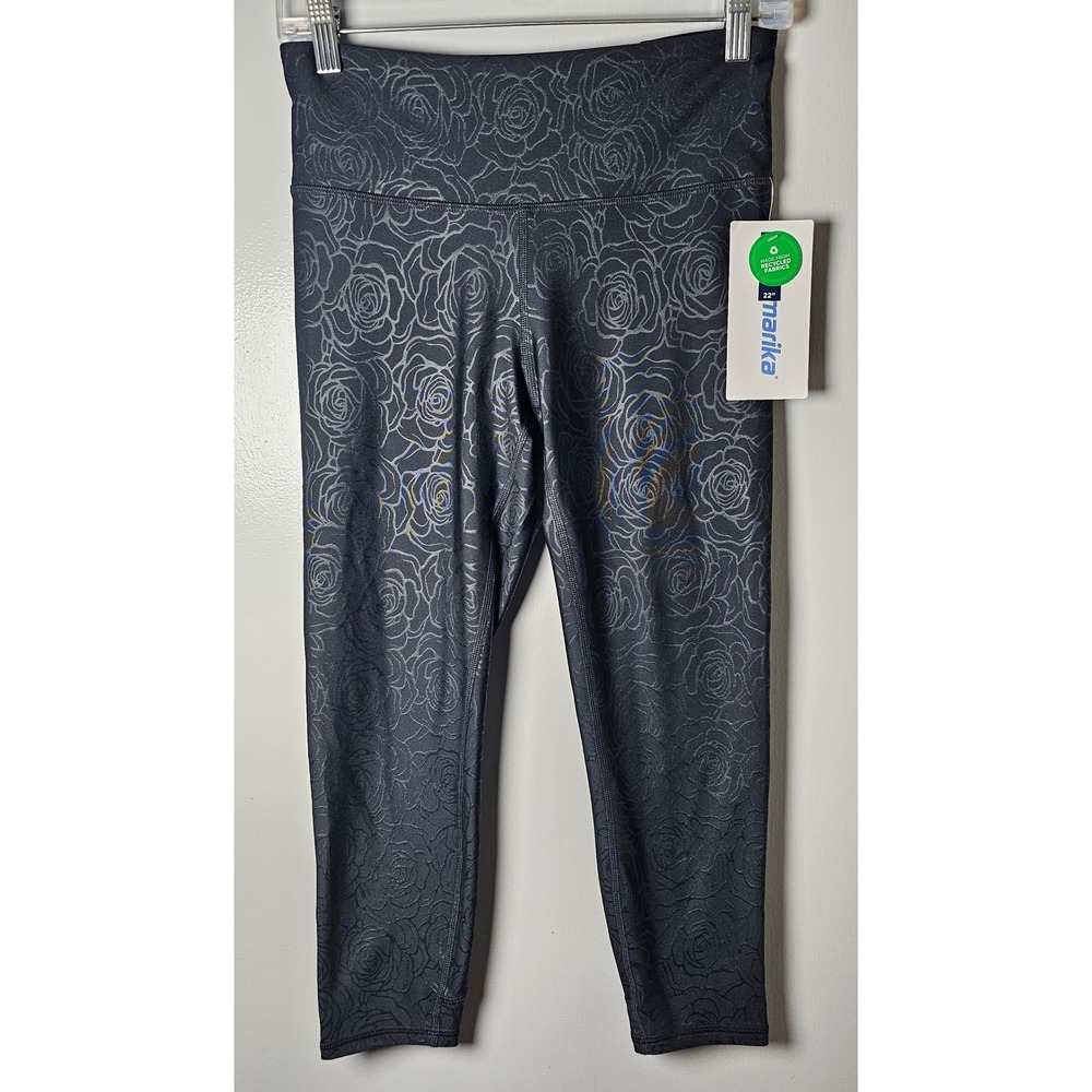 Marika Womens Black Rose Embossed Mid-Calf Capri Leggings Size M NWT